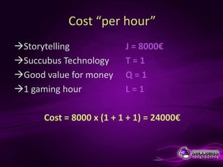 Cost “per hour”
Storytelling             J = 8000€
Succubus Technology      T=1
Good value for money     Q=1
1 gaming hour            L=1

      Cost = 8000 x (1 + 1 + 1) = 24000€
 