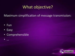 What objective?
Maximum simplification of message transmission:

•   Fun
•   Easy
•   Comprehensible
•   …
 