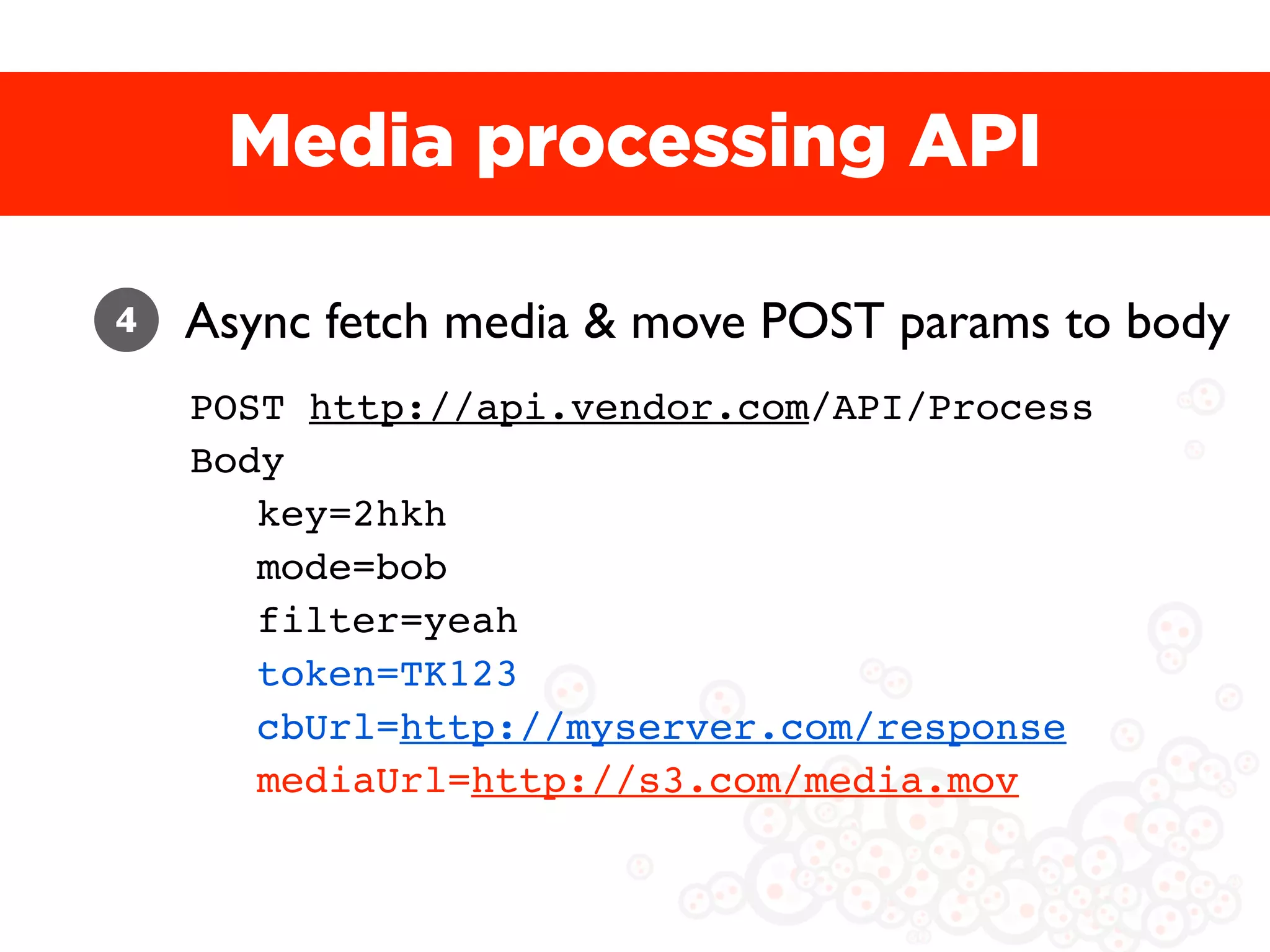 Media processing API

4   Async fetch media & move POST params to body
    POST http://api.vendor.com/API/Process
    Body
       key=2hkh
       mode=bob
       filter=yeah
       token=TK123
       cbUrl=http://myserver.com/response
       mediaUrl=http://s3.com/media.mov
 