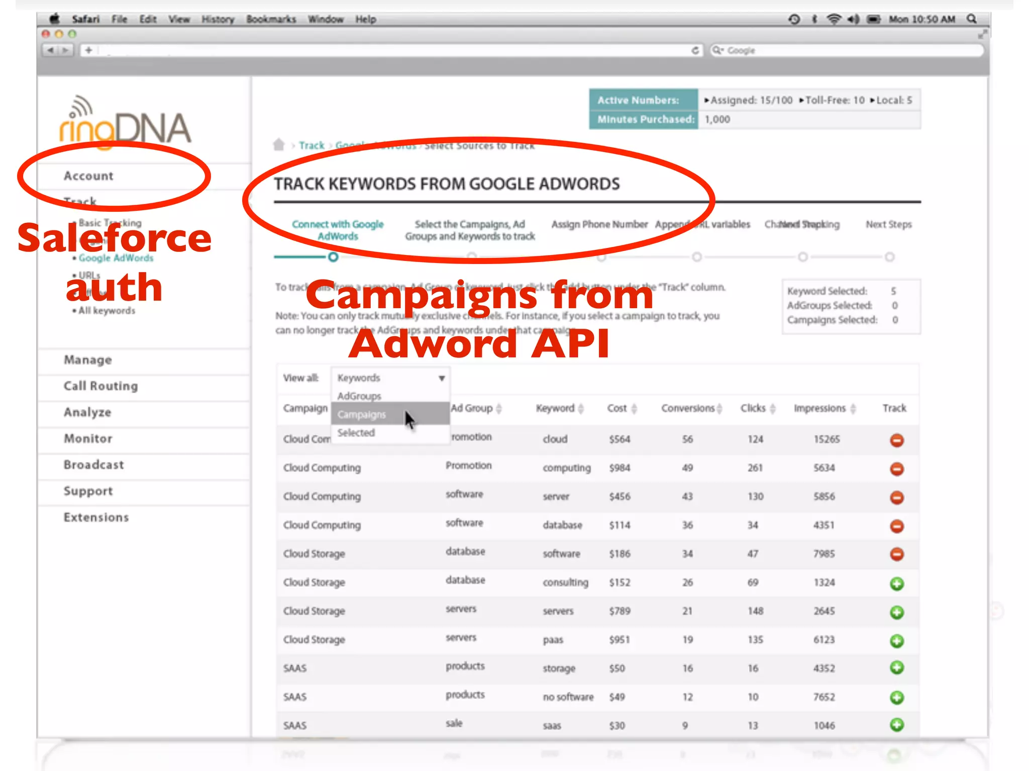 Saleforce
  auth      Campaigns from
             Adword API
 
