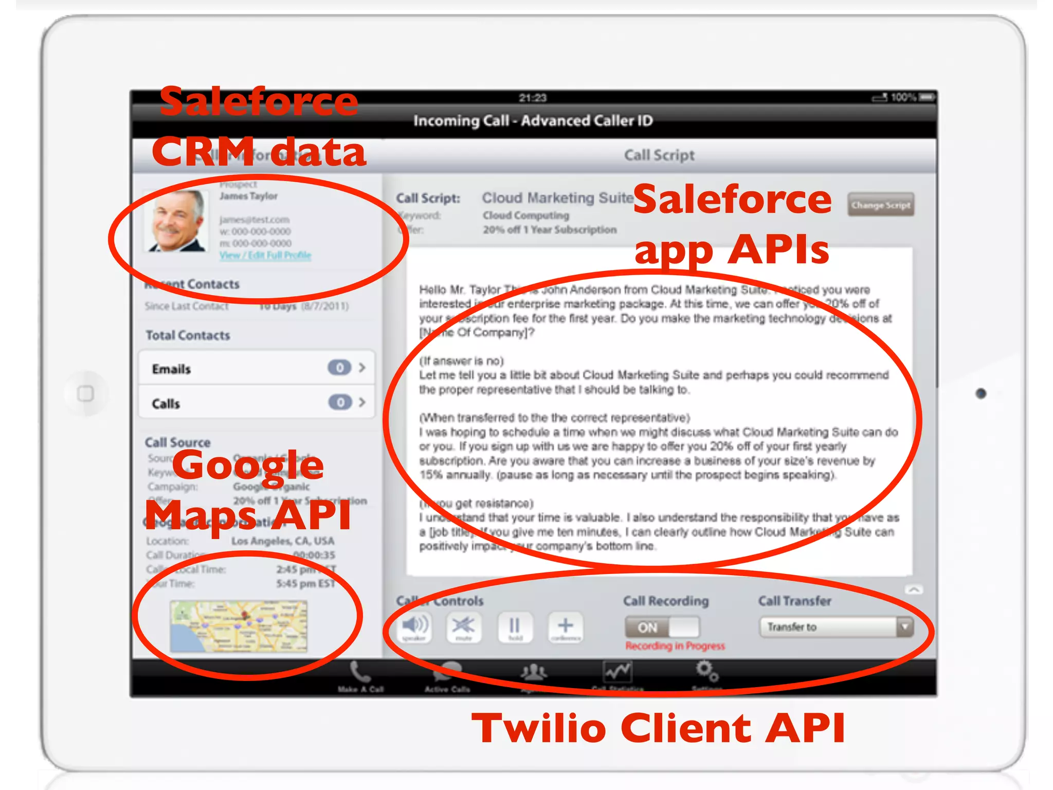 Saleforce
CRM data
                   Saleforce
                   app APIs



 Google
Maps API



            Twilio Client API
 