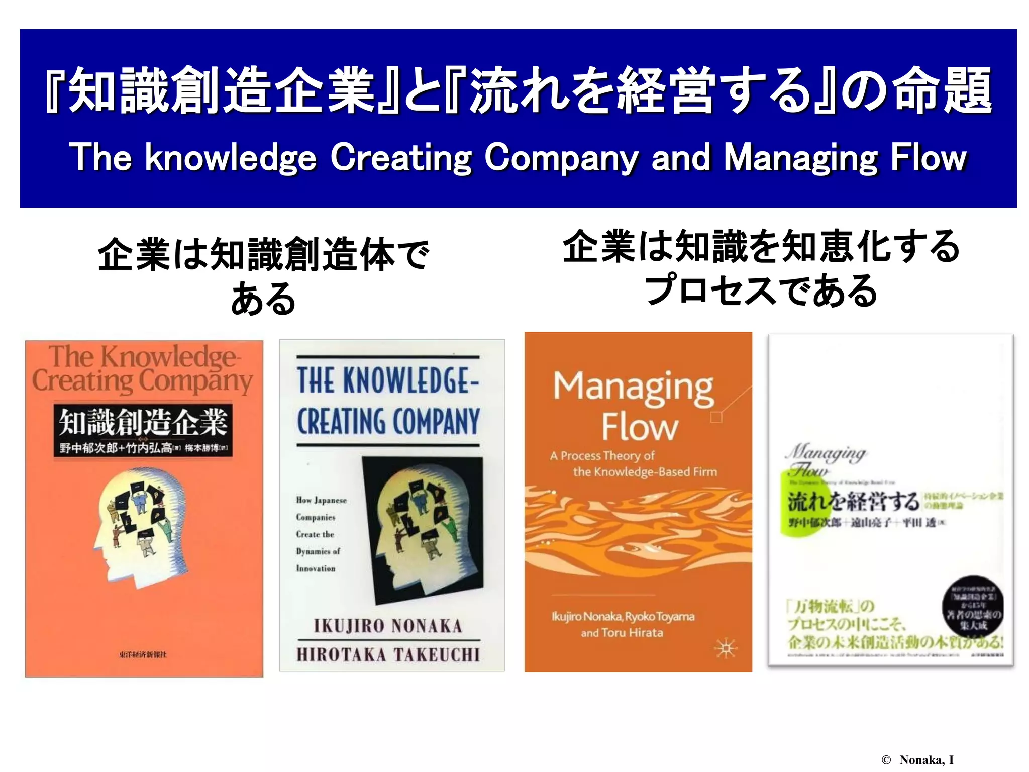 『知識創造企業』と『流れを経営する』の命題
The knowledge Creating Company and Managing Flow

 企業は知識創造体で                企業は知識を知恵化する
     ある                     プロセスである




                                           © Nonaka, I
 
