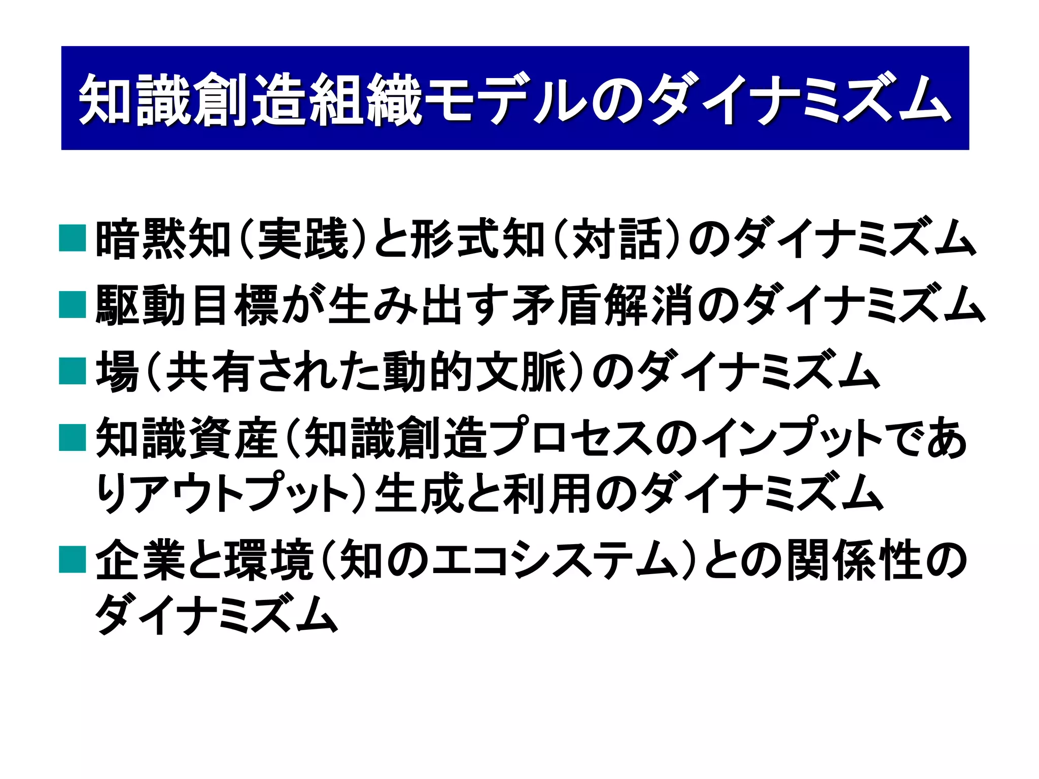 知識創造組織モデルのダイナミズム

暗黙知（実践）と形式知（対話）のダイナミズム
駆動目標が生み出す矛盾解消のダイナミズム
場（共有された動的文脈）のダイナミズム
知識資産（知識創造プロセスのインプットであ
 りアウトプット）生成と利用のダイナミズム
企業と環境（知のエコシステム）との関係性の
 ダイナミズム
 