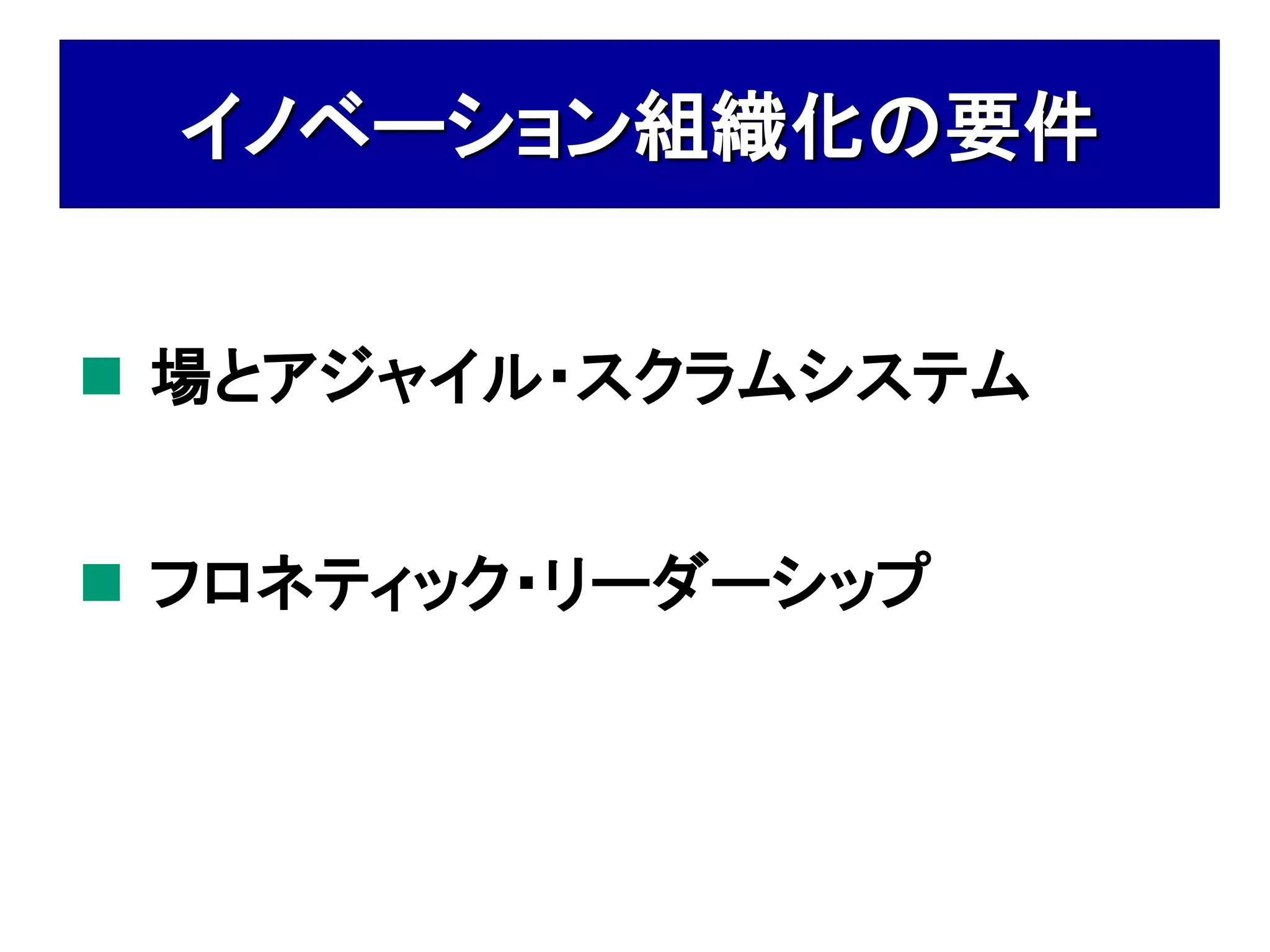 イノベーション組織化の要件


 場とアジャイル・スクラムシステム


 フロネティック・リーダーシップ
 