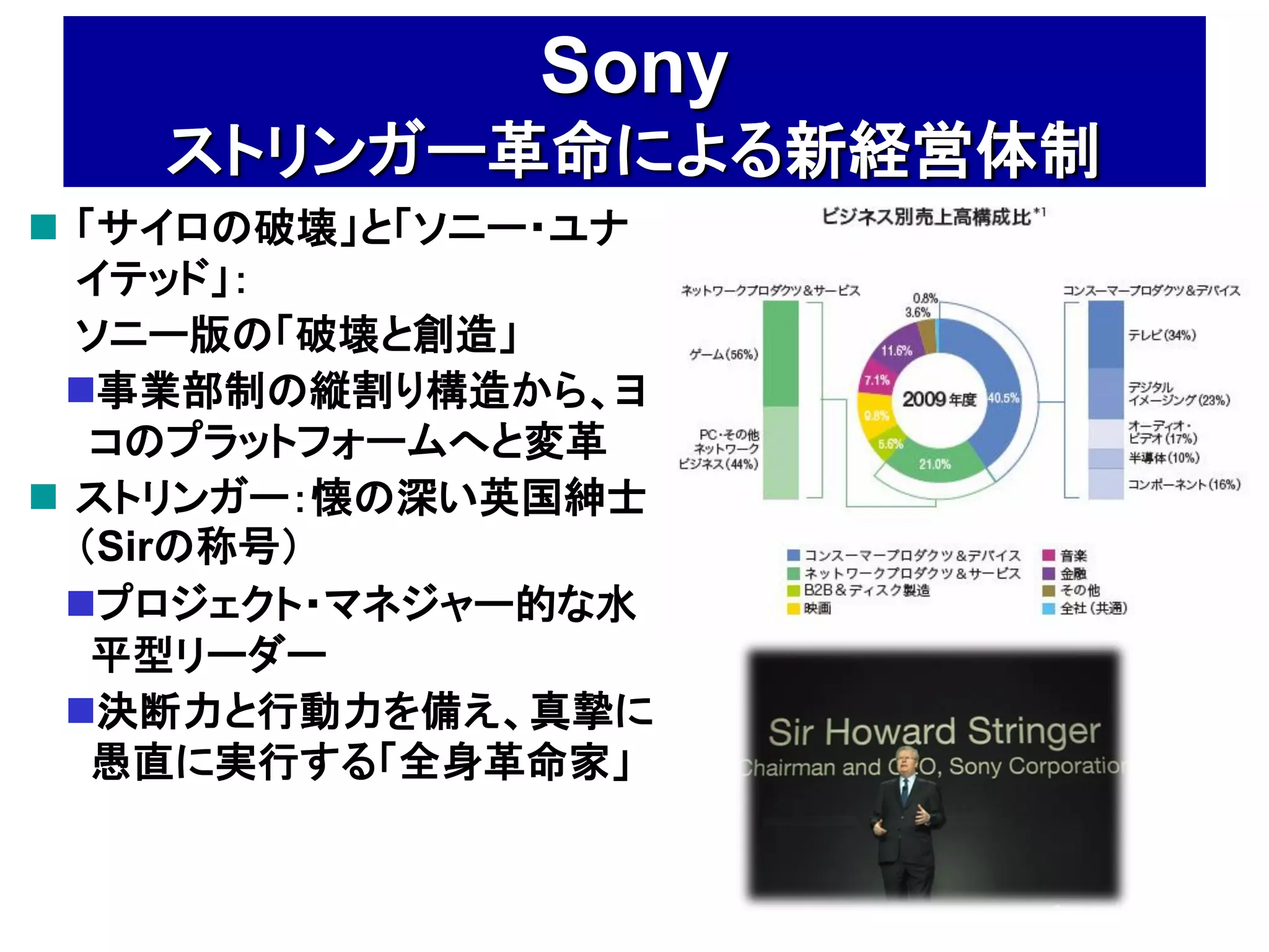 Sony
   ストリンガー革命による新経営体制
 「サイロの破壊」と「ソニー・ユナ
  イテッド」：
  ソニー版の「破壊と創造」
 事業部制の縦割り構造から、ヨ
   コのプラットフォームへと変革
 ストリンガー：懐の深い英国紳士
  （Sirの称号）
 プロジェクト・マネジャー的な水
   平型リーダー
 決断力と行動力を備え、真摯に
   愚直に実行する「全身革命家」
 