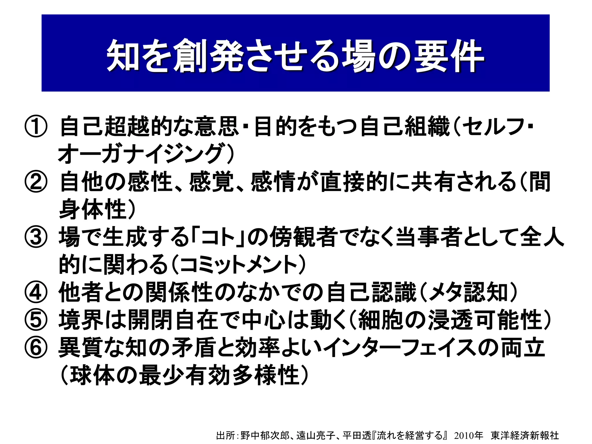 知を創発させる場の要件
① 自己超越的な意思・目的をもつ自己組織（セルフ・
  オーガナイジング）
② 自他の感性、感覚、感情が直接的に共有される（間
  身体性）
③ 場で生成する「コト」の傍観者でなく当事者として全人
  的に関わる（コミットメント）
④ 他者との関係性のなかでの自己認識（メタ認知）
⑤ 境界は開閉自在で中心は動く（細胞の浸透可能性）
⑥ 異質な知の矛盾と効率よいインターフェイスの両立
  （球体の最尐有効多様性）

         出所：野中郁次郎、遠山亮子、平田透『流れを経営する』 2010年 東洋経済新報社
 