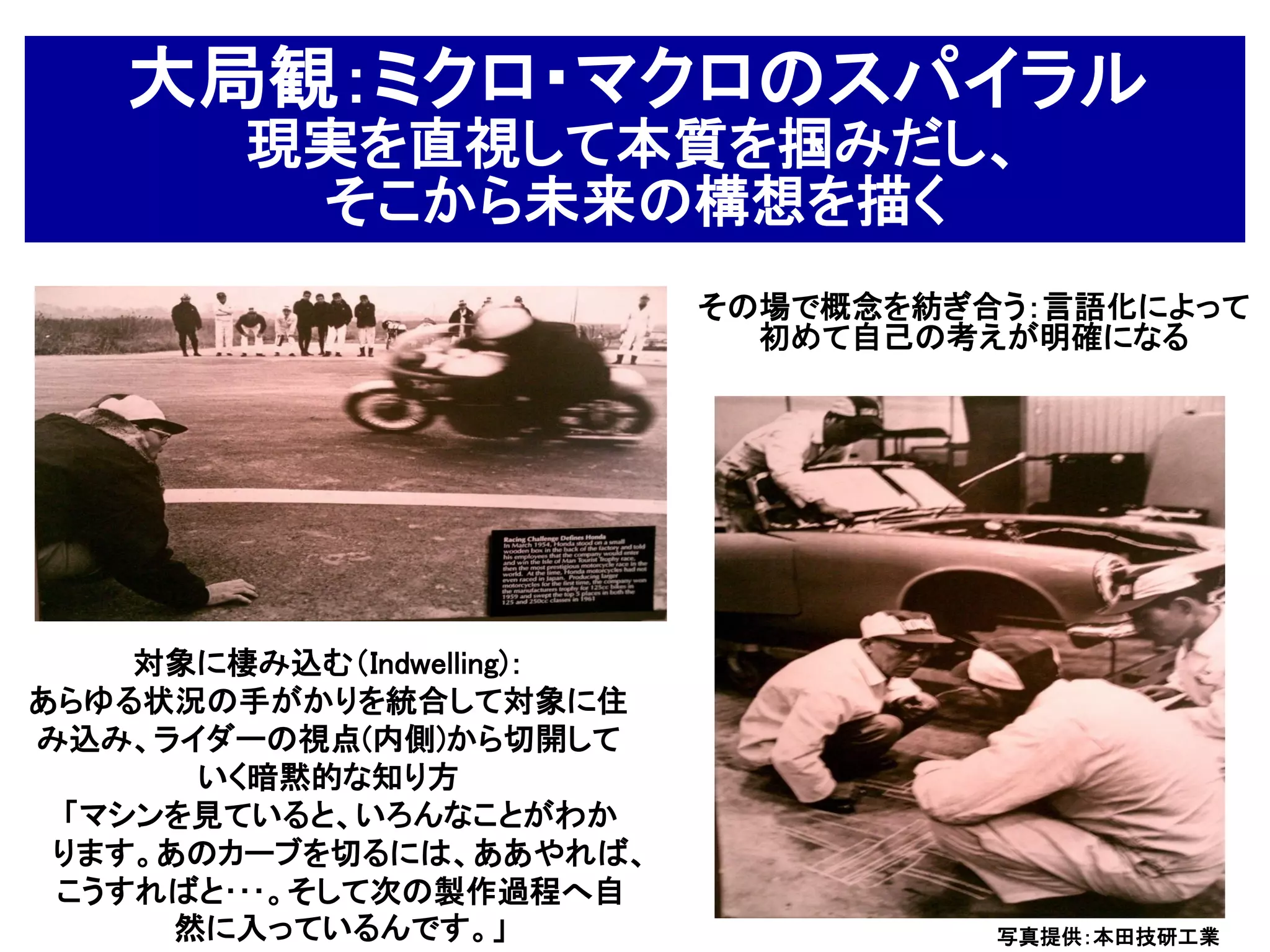 大局観：ミクロ・マクロのスパイラル
        現実を直視して本質を掴みだし、
         そこから未来の構想を描く
                           その場で概念を紡ぎ合う：言語化によって
                             初めて自己の考えが明確になる




    対象に棲み込む（Indwelling)：
あらゆる状況の手がかりを統合して対象に住
み込み、ライダーの視点(内側)から切開して
       いく暗黙的な知り方
 「マシンを見ていると、いろんなことがわか
 ります。あのカーブを切るには、ああやれば、
 こうすればと･･･。そして次の製作過程へ自
      然に入っているんです。」                   写真提供：本田技研工業
 