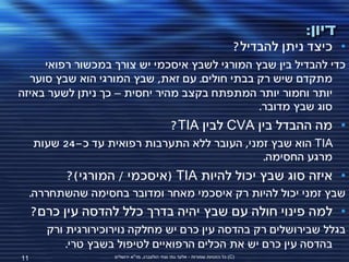 ‫דיון:‬
                                                                               ‫• כיצד ניתן להבדיל?‬
     ‫כדי להבדיל בין שבץ המורגי לשבץ איסכמי יש צורך במכשור רפואי‬
  ‫מתקדם שיש רק בבתי חולים. עם זאת, שבץ המורגי הוא שבץ סוער‬
‫יותר וחמור יותר המתפתח בקצב מהיר יחסית – כך ניתן לשער באיזה‬
                                              ‫סוג שבץ מדובר.‬
                                                ‫• מה ההבדל בין ‪ CVA‬לבין ‪?TIA‬‬
     ‫‪ TIA‬הוא שבץ זמני, העובר ללא התערבות רפואית עד כ-42 שעות‬
                                               ‫מרגע החסימה.‬
           ‫• איזה סוג שבץ יכול להיות ‪( TIA‬איסכמי / המורגי)?‬
     ‫שבץ זמני יכול להיות רק איסכמי מאחר ומדובר בחסימה שהשתחררה.‬
     ‫• למה פינוי חולה עם שבץ יהיה בדרך כלל להדסה עין כרם?‬
        ‫בגלל שבירושלים רק בהדסה עין כרם יש מחלקה נוירוכירורגית ורק‬
            ‫בהדסה עין כרם יש את הכלים הרפואיים לטיפול בשבץ טרי.‬
‫11‬                   ‫(‪ )C‬כל הזכויות שמורות - אלעד גתי וצחי הולצברג, מד"א ירושלים‬
 