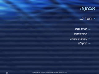 ‫אבחנה:‬
                                                                        ‫• חשד ל...‬

                                                                      ‫מכת חום‬   ‫–‬
                                                                     ‫התייבשות‬   ‫–‬
                                                                   ‫עקיצת עקרב‬   ‫–‬
                                                                        ‫הרעלה‬   ‫–‬




‫73‬   ‫(‪ )C‬כל הזכויות שמורות - אלעד גתי וצחי הולצברג, מד"א ירושלים‬
 