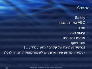 ‫טיפול:‬

                                                 ‫‪Safety‬‬                               ‫•‬
                                       ‫‪ ABC‬במידת הצורך‬                                ‫•‬
                                                   ‫חמצן‬                               ‫•‬
                                               ‫קיבוע גפה‬                              ‫•‬
                                          ‫מניעת טלטולים‬                               ‫•‬
                                               ‫פינוי דחוף‬                             ‫•‬
              ‫(בחשד לעקיצה של עקרב / נחש / נדל / ... )‬
‫(במידה ומרחק פינוי ארוך, יש לשקול מסוק / חבירה לנט"ן)‬



  ‫96‬               ‫(‪ )C‬כל הזכויות שמורות - אלעד גתי וצחי הולצברג, מד"א ירושלים‬
 