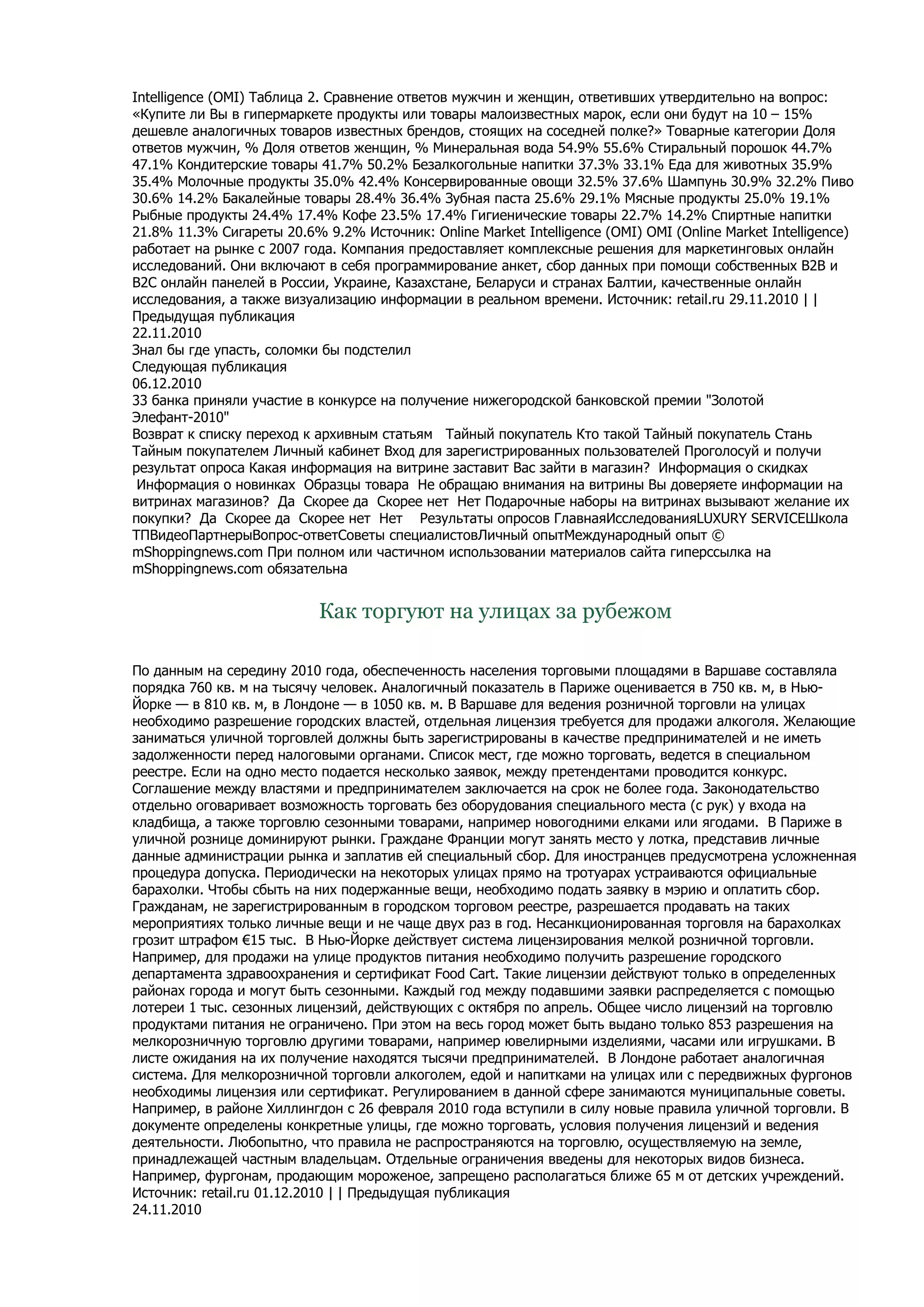 Intelligence (OMI) Таблица 2. Сравнение ответов мужчин и женщин, ответивших утвердительно на вопрос:
«Купите ли Вы в гипермаркете продукты или товары малоизвестных марок, если они будут на 10 – 15%
дешевле аналогичных товаров известных брендов, стоящих на соседней полке?» Товарные категории Доля
ответов мужчин, % Доля ответов женщин, % Минеральная вода 54.9% 55.6% Стиральный порошок 44.7%
47.1% Кондитерские товары 41.7% 50.2% Безалкогольные напитки 37.3% 33.1% Еда для животных 35.9%
35.4% Молочные продукты 35.0% 42.4% Консервированные овощи 32.5% 37.6% Шампунь 30.9% 32.2% Пиво
30.6% 14.2% Бакалейные товары 28.4% 36.4% Зубная паста 25.6% 29.1% Мясные продукты 25.0% 19.1%
Рыбные продукты 24.4% 17.4% Кофе 23.5% 17.4% Гигиенические товары 22.7% 14.2% Спиртные напитки
21.8% 11.3% Сигареты 20.6% 9.2% Источник: Online Market Intelligence (OMI) OMI (Online Market Intelligence)
работает на рынке с 2007 года. Компания предоставляет комплексные решения для маркетинговых онлайн
исследований. Они включают в себя программирование анкет, сбор данных при помощи собственных B2B и
B2C онлайн панелей в России, Украине, Казахстане, Беларуси и странах Балтии, качественные онлайн
исследования, а также визуализацию информации в реальном времени. Источник: retail.ru 29.11.2010 | |
Предыдущая публикация
22.11.2010
Знал бы где упасть, соломки бы подстелил
Следующая публикация
06.12.2010
33 банка приняли участие в конкурсе на получение нижегородской банковской премии "Золотой
Элефант-2010"
Возврат к списку переход к архивным статьям Тайный покупатель Кто такой Тайный покупатель Стань
Тайным покупателем Личный кабинет Вход для зарегистрированных пользователей Проголосуй и получи
результат опроса Какая информация на витрине заставит Вас зайти в магазин? Информация о скидках
 Информация о новинках Образцы товара Не обращаю внимания на витрины Вы доверяете информации на
витринах магазинов? Да Скорее да Скорее нет Нет Подарочные наборы на витринах вызывают желание их
покупки? Да Скорее да Скорее нет Нет Результаты опросов ГлавнаяИсследованияLUXURY SERVICEШкола
ТПВидеоПартнерыВопрос-ответСоветы специалистовЛичный опытМеждународный опыт ©
mShoppingnews.com При полном или частичном использовании материалов сайта гиперссылка на
mShoppingnews.com обязательна


                           Как торгуют на улицах за рубежом

По данным на середину 2010 года, обеспеченность населения торговыми площадями в Варшаве составляла
порядка 760 кв. м на тысячу человек. Аналогичный показатель в Париже оценивается в 750 кв. м, в Нью-
Йорке — в 810 кв. м, в Лондоне — в 1050 кв. м. В Варшаве для ведения розничной торговли на улицах
необходимо разрешение городских властей, отдельная лицензия требуется для продажи алкоголя. Желающие
заниматься уличной торговлей должны быть зарегистрированы в качестве предпринимателей и не иметь
задолженности перед налоговыми органами. Список мест, где можно торговать, ведется в специальном
реестре. Если на одно место подается несколько заявок, между претендентами проводится конкурс.
Соглашение между властями и предпринимателем заключается на срок не более года. Законодательство
отдельно оговаривает возможность торговать без оборудования специального места (с рук) у входа на
кладбища, а также торговлю сезонными товарами, например новогодними елками или ягодами. В Париже в
уличной рознице доминируют рынки. Граждане Франции могут занять место у лотка, представив личные
данные администрации рынка и заплатив ей специальный сбор. Для иностранцев предусмотрена усложненная
процедура допуска. Периодически на некоторых улицах прямо на тротуарах устраиваются официальные
барахолки. Чтобы сбыть на них подержанные вещи, необходимо подать заявку в мэрию и оплатить сбор.
Гражданам, не зарегистрированным в городском торговом реестре, разрешается продавать на таких
мероприятиях только личные вещи и не чаще двух раз в год. Несанкционированная торговля на барахолках
грозит штрафом €15 тыс. В Нью-Йорке действует система лицензирования мелкой розничной торговли.
Например, для продажи на улице продуктов питания необходимо получить разрешение городского
департамента здравоохранения и сертификат Food Cart. Такие лицензии действуют только в определенных
районах города и могут быть сезонными. Каждый год между подавшими заявки распределяется с помощью
лотереи 1 тыс. сезонных лицензий, действующих с октября по апрель. Общее число лицензий на торговлю
продуктами питания не ограничено. При этом на весь город может быть выдано только 853 разрешения на
мелкорозничную торговлю другими товарами, например ювелирными изделиями, часами или игрушками. В
листе ожидания на их получение находятся тысячи предпринимателей. В Лондоне работает аналогичная
система. Для мелкорозничной торговли алкоголем, едой и напитками на улицах или с передвижных фургонов
необходимы лицензия или сертификат. Регулированием в данной сфере занимаются муниципальные советы.
Например, в районе Хиллингдон с 26 февраля 2010 года вступили в силу новые правила уличной торговли. В
документе определены конкретные улицы, где можно торговать, условия получения лицензий и ведения
деятельности. Любопытно, что правила не распространяются на торговлю, осуществляемую на земле,
принадлежащей частным владельцам. Отдельные ограничения введены для некоторых видов бизнеса.
Например, фургонам, продающим мороженое, запрещено располагаться ближе 65 м от детских учреждений.
Источник: retail.ru 01.12.2010 | | Предыдущая публикация
24.11.2010
 