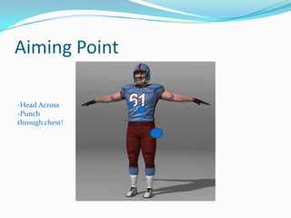 Head position: in the chest plate!Down Block First Step: 6-8in FLAT step down the line, STAY LOW, Head up. Load ArmsSecond Step: Even up, butt in the hole! Cut the man offThird Step: Make contact! Drive away from the hole Drills: -3 Step Progression -Chutes -Sled 