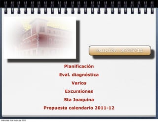 reunión. 3/05/11

                                      Planificación

                                    Eval. diagnóstica

                                         Varios
                                      Excursiones

                                      Sta Joaquina
                              Propuesta calendario 2011-12

miércoles 4 de mayo de 2011
 