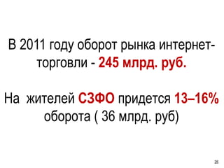 В 2011 году оборот рынка интернет-
     торговли - 245 млрд. руб.

На жителей СЗФО придется 13–16%
     оборота ( 36 млрд. руб)

                                 26
 