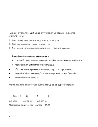 Цахим сургалтанд 3 удаа сууж компьютерын мэдлэгээ
нэмэгдүүлсэн.
   Мөн сургуулиас зохион явуулсан сургалтууд

   ЗАН-ээс зохион явуулдаг сургалтууд

   Мөн ахмад багш нарын хичээлд сууж туршлага судлав.



    Өөрийгөө хөгжүүлэх зорилгоор :

    ♥   Жасрайн нэрэмжит математикийн олимпиадад оролцсон

    ♥   Монгол хэл бичгийн олимпиадад

♥       Сэтгэх чадварын олимпиадад тус тус оролцлоо.
♥       Мөн аймгийн хэмжээнд Сэтгэх чадвар, Монгол хэл бичгийн

♥       олимпиадад оролцлоо.


Монгол хэлний анги төгсөх шалгалтанд 35-35 сурагч оролцов.




     Тоо    5     23       4           3

A-B 80%         A-C 91 %   A-D 100 %

Математик анги төгсөх шалгалт 35-35




5
 
