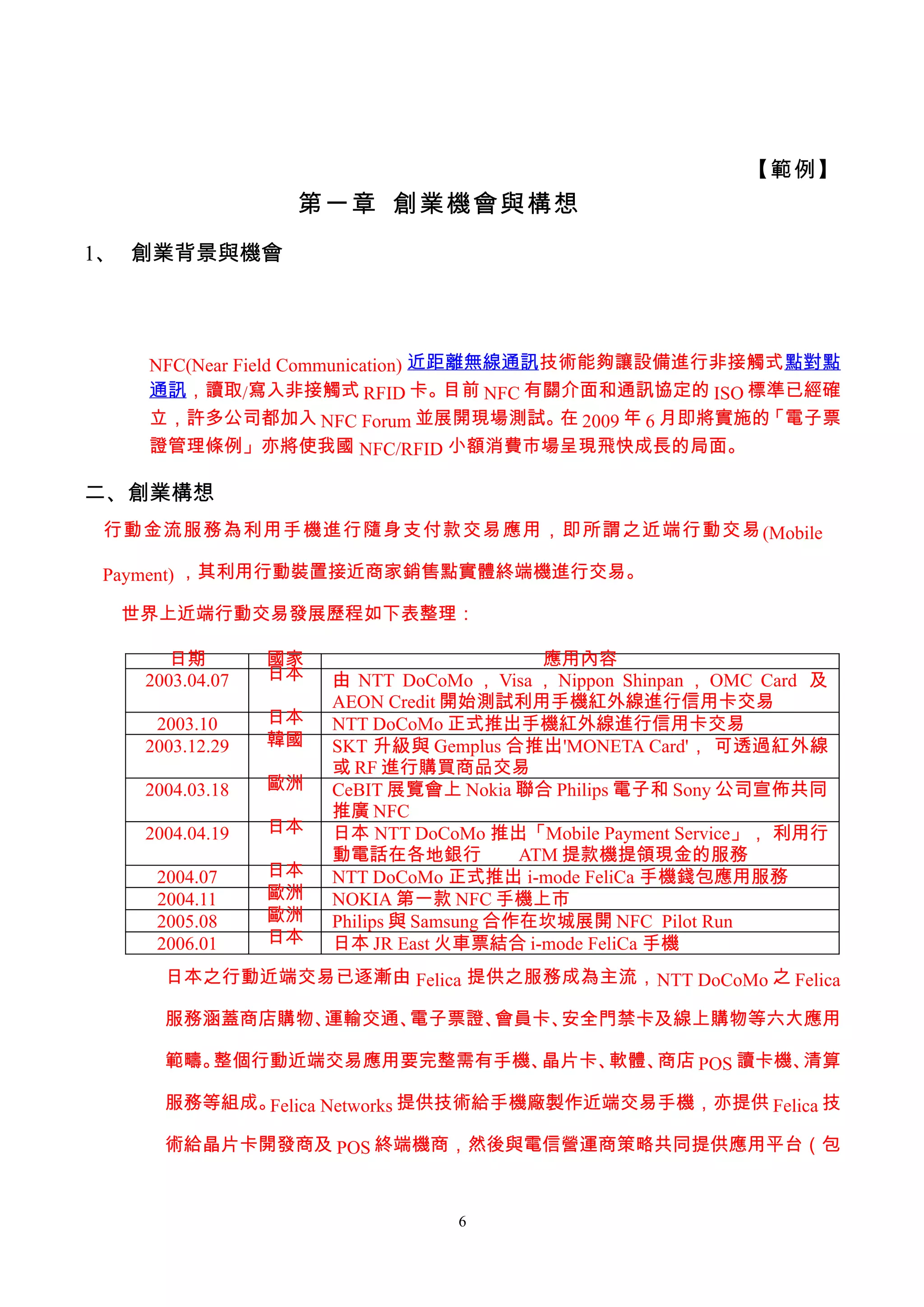 【範例】
                 第一章 創業機會與構想
1、 創業背景與機會




   NFC(Near Field Communication) 近距離無線通訊技術能夠讓設備進行非接觸式點對點
   通訊，讀取/寫入非接觸式 RFID 卡。            目前 NFC 有關介面和通訊協定的 ISO 標準已經確
   立，許多公司都加入 NFC Forum 並展開現場測試。 2009 年 6 月即將實施的
                                            在             「電子票
   證管理條例」亦將使我國 NFC/RFID 小額消費市場呈現飛快成長的局面。

二、創業構想
行動金流服務為利用手機進行隨身支付款交易應用，即所謂之近端行動交易 (Mobile

Payment) ，其利用行動裝置接近商家銷售點實體終端機進行交易。

 世界上近端行動交易發展歷程如下表整理：

      日期        國家                         應用內容
   2003.04.07   日本   由 NTT DoCoMo ， Visa ， Nippon Shinpan ， OMC Card 及
                     AEON Credit 開始測試利用手機紅外線進行信用卡交易
    2003.10     日本   NTT DoCoMo 正式推出手機紅外線進行信用卡交易
   2003.12.29   韓國   SKT 升級與 Gemplus 合推出'MONETA Card'， 可透過紅外線
                     或 RF 進行購買商品交易
   2004.03.18   歐洲   CeBIT 展覽會上 Nokia 聯合 Philips 電子和 Sony 公司宣佈共同
                     推廣 NFC
   2004.04.19   日本   日本 NTT DoCoMo 推出「Mobile Payment Service」， 利用行
                     動電話在各地銀行            ATM 提款機提領現金的服務
    2004.07     日本   NTT DoCoMo 正式推出 i-mode FeliCa 手機錢包應用服務
    2004.11     歐洲   NOKIA 第一款 NFC 手機上市
    2005.08     歐洲   Philips 與 Samsung 合作在坎城展開 NFC Pilot Run
    2006.01     日本   日本 JR East 火車票結合 i-mode FeliCa 手機
     日本之行動近端交易已逐漸由 Felica 提供之服務成為主流， NTT DoCoMo 之 Felica

     服務涵蓋商店購物、運輸交通、電子票證、會員卡、安全門禁卡及線上購物等六大應用

     範疇。整個行動近端交易應用要完整需有手機、晶片卡、軟體、商店 POS 讀卡機、清算

     服務等組成。Felica Networks 提供技術給手機廠製作近端交易手機，亦提供 Felica 技

     術給晶片卡開發商及 POS 終端機商，然後與電信營運商策略共同提供應用平台（包



                                 6
 