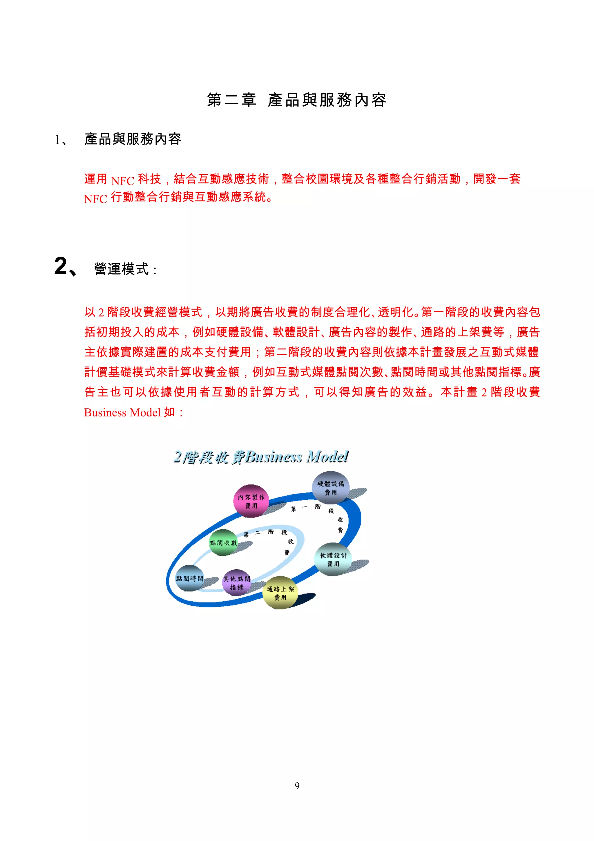 第二章 產品與服務內容

1、 產品與服務內容

  運用 NFC 科技，結合互動感應技術，整合校園環境及各種整合行銷活動，開發一套
  NFC 行動整合行銷與互動感應系統。




2、 營運模式 :
  以 2 階段收費經營模式，以期將廣告收費的制度合理化、透明化。第一階段的收費內容包
  括初期投入的成本，例如硬體設備、軟體設計、廣告內容的製作、通路的上架費等，廣告
  主依據實際建置的成本支付費用；第二階段的收費內容則依據本計畫發展之互動式媒體
  計價基礎模式來計算收費金額，例如互動式媒體點閱次數、點閱時間或其他點閱指標。廣
  告主也可以依據使用者互動的計算方式，可以得知廣告的效益。本計畫 2 階段收費
  Business Model 如：




                           9
 