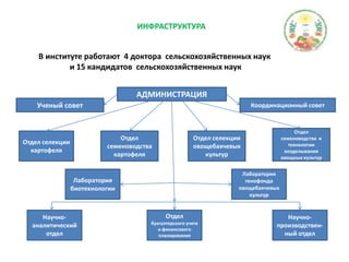 ИНФРАСТРУКТУРАВ институте работают  4 доктора  сельскохозяйственных наук и 15 кандидатов  сельскохозяйственных наукАДМИНИСТРАЦИЯКоординационный советУченый советОтдел семеноводства  и технологии возделывания овощных культурОтдел селекции картофеляОтдел семеноводства картофеляОтдел селекции овощебахчевых культурЛаборатория биотехнологииЛаборатория генофонда овощебахчевых культурНаучно-аналитический отделОтдел бухгалтерского учета и финансового планированияНаучно-производствен-ный отдел