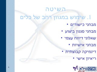 השיטה 1. שימוש במגוון רחב של כלים מבחני כישורים מבחני סגנון ביצוע שאלוני דיווח עצמי מבחני אישיות דינמיקה קבוצתית ריאיון אישי 