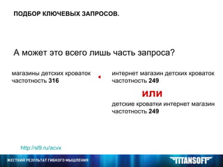 ПОДБОР КЛЮЧЕВЫХ ЗАПРОСОВ. А может это всего лишь часть запроса? http://sl9.ru/acvx   магазины детских кроваток частотность  316 интернет магазин детских кроваток частотность  249 < детские кроватки интернет магазин частотность  249 или 