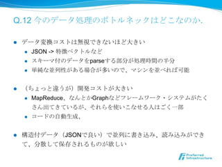 Q.12 今のデータ処理理のボトルネックはどこなのか．

l    データ変換コストは無視できないほど⼤大きい
      l  JSON -> 特徴ベクトルなど

      l  スキーマ付のデータをparseする部分が処理理時間の半分

      l  単純な並列列性がある場合が多いので、マシンを並べれば可能



l    （ちょっと違うが）開発コストが⼤大きい
      l  MapReduce、なんとかGraphなどフレームワーク・システムがた

          くさん出てきているが、それらを使いこなせる⼈人はごく⼀一部
      l  コードの⾃自動⽣生成、



l    構造付データ（JSONで良良い）で並列列に書き込み、読み込みができ
      て、分散して保存されるものが欲しい
 