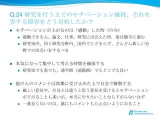 Q.24 研究を⾏行行う上でのモチベーション維持、それ
を害する障害をどう対処したか？
l    モチベーションが上がるのは「感動」した時（のみ）
      l  感動できる⼈人、論論⽂文、仕事、研究に出会えた時．後は勝⼿手に進む

      l  研究室内、同じ研究分野内、国内でとどまらず、どんどん新しい分

          野での出会いをするべき


l    本気になって集中して考える時間を確保する
      l  研究室でも家でも、通学路路（通勤路路）でもどこでも良良い



l    他の⼈人のコメントは真摯に受け⽌止めた上で⾃自分で解釈する
      l  厳しい意⾒見見や、⾃自分とは違うと思う意⾒見見を受けるとモチベーション

            が下がることも多いが、本当にやりたいことなら下がらないはず
      l    ⼀一番良良くないのは、誰にもコメントもらえないようになること
 