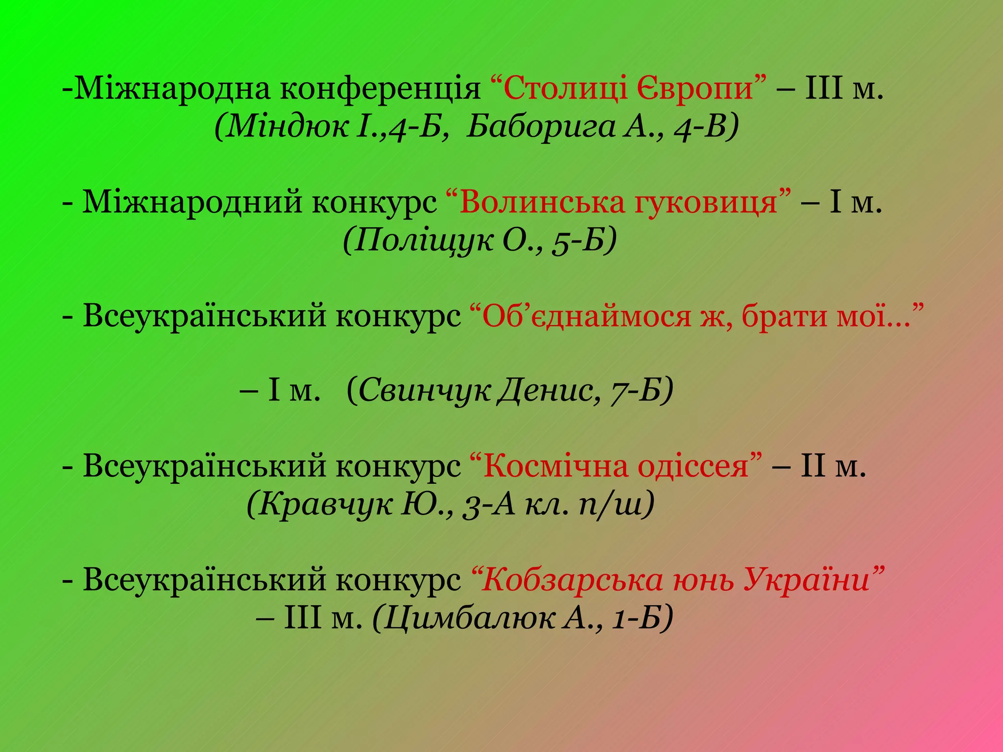 Міжнародна конференція  “Столиці Європи”  – ІІІ м.    (Міндюк І.,4-Б,  Баборига А., 4-В) - Міжнародний конкурс  “Волинська гуковиця”  – І м.   (Поліщук О., 5-Б) - Всеукраїнський конкурс  “Об ’ єднаймося ж, брати мої…”     – І м.  ( Свинчук Денис, 7-Б) - Всеукраїнський конкурс  “Космічна одіссея”  – ІІ м.    (Кравчук Ю., 3-А кл. п/ш) - Всеукраїнський конкурс  “Кобзарська юнь України”     –  ІІІ м.  (Цимбалюк А., 1-Б) 
