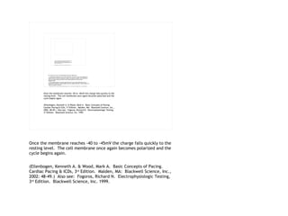 Once the membrane reaches -40 to -45mV the charge falls quickly to the resting level.  The cell membrane once again becomes polarized and the cycle begins again. (Ellenbogen, Kenneth A. & Wood, Mark A.  Basic Concepts of Pacing.  Cardiac Pacing & ICDs, 3 rd  Edition.  Malden, MA:  Blackwell Science, Inc., 2002: 48-49.)  Also see:  Fogoros, Richard N.  Electrophysiologic Testing, 3 rd  Edition.  Blackwell Science, Inc. 1999. 