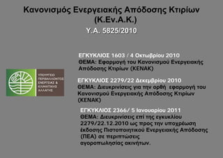 Κανονισμός Ενεργειακής Απόδοσης Κτιρίων
               (K.Εν.Α.Κ.)
              Y.A. 5825/2010


            ΕΓΚΥΚΛΙΟΣ 1603 / 4 Οκτωβρίου 2010
            ΘΕΜΑ: Εφαρμογή του Κανονισμού Ενεργειακής
            Απόδοσης Κτιρίων (KENAK)

           ΕΓΚΥΚΛΙΟΣ 2279/22 Δεκεμβρίου 2010
           ΘΕΜΑ: Διευκρινίσεις για την ορθή εφαρμογή του
           Κανονισμού Ενεργειακής Απόδοσης Κτιρίων
           (KENAK)
            ΕΓΚΥΚΛΙΟΣ 2366/ 5 Ιανουαρίου 2011
            ΘΕΜΑ: Διευκρινίσεις επί της εγκυκλίου
            2279/22.12.2010 ως προς την υποχρέωση
            έκδοσης Πιστοποιητικού Ενεργειακής Απόδοσης
            (ΠΕΑ) σε περιπτώσεις
            αγοροπωλησίας ακινήτων.
 