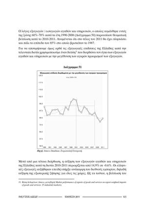 Ο λόγος εξαγωγών / εισαγωγών αγαθών και υπηρεσιών, ο οποίος κυμάνθηκε εντός
της ζώνης 60%-70% κατά τα έτη 1990-2008 (Διάγραμμα 50) παρουσίασε θεαματική
βελτίωση κατά το 2010-2011. Αναμένεται ότι στο τέλος του 2011 θα έχει πλησιάσει
και πάλι το επίπεδο του 85% στο οποίο βρισκόταν το 1987.
Για να αποτιμήσουμε όμως ορθά τις εξαγωγικές επιδόσεις της Ελλάδας κατά την
τελευταία διετία χρησιμοποιούμε έναν δείκτη31 που διορθώνει τον όγκο των εξαγωγών
αγαθών και υπηρεσιών με την μεγέθυνση των αγορών προορισμού των εξαγωγών.


                                                        Διάγραμμα 51

                     125.0
                                                               2000=100


                     117.5



                     110.0



                     102.5



                      95.0



                      87.5



                      80.0



                      72.5



                      65.0



                      57.5



                      50.0
                             1989      1991 1993 1995   1997   1999       2001   2003   2005   2007   2009   2011
                                    : Ameco Database                  .
                   Πηγή:	Ameco	Database,	Ευρωπαϊκή	Επιτροπή.



Μετά από μια τέτοια διόρθωση, η αύξηση των εξαγωγών αγαθών και υπηρεσιών
της Ελλάδας κατά τη διετία 2010-2011 περιορίζεται από 14,9% σε -0.6%. Οι ελληνι-
κές εξαγωγές αυξήθηκαν επειδή υπήρξε ανάκαμψη του διεθνούς εμπορίου, δηλαδή
αύξηση της εξωτερικής ζήτησης για όλες τις χώρες. Ως εκ τούτου, η βελτίωση του

.	Βάση	δεδομένων	Ameco,	μεταβλητή	Market	performance	of	exports	of	goods	and	services	on	export	weighted	imports	
    of	goods	and	services:	5	industrial	markets).




INE/-                                            2011                                                1
 