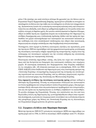 μόνιο 2 θα αποτύχει και κατά συνέπεια σύντομα θα χρειαστεί και νέο δάνειο από το
Ευρωπαϊκό Ταμείο Χρηματοδοτικής Στήριξης, προκειμένου η Ελλάδα να συνεχίσει να
αποπληρώνει τα δάνεια που έχει λάβει και να εκπληρώνει το σύνολο των υποχρεώσεών
της. Διαπιστώνεται λοιπόν ότι η ασκούμενη οικονομική πολιτική εκτός από αντικοινω-
νική είναι και αδιέξοδη, γιατί οδηγεί με μαθηματική ακρίβεια σε ένα φαύλο κύκλο που
αυξάνει συνεχώς το δημόσιο χρέος, δεν μειώνει αποτελεσματικά το δημόσιο έλλειμμα,
οδηγεί σε βαθιά ύφεση και εκρηκτική ανεργία και το βασικότερο δεν δημιουργεί τις
συνθήκες διαμόρφωσης μιας εναλλακτικής πρότασης εξόδου από την κρίση που προ-
ϋποθέτει τον ριζικό επανασχεδιασμό των οικονομικών και κοινωνικών πολιτικών με
την υιοθέτηση ενός νέου αναπτυξιακού υποδείγματος που οδηγεί στην καινοτομική,
παραγωγική και αειφόρο ανάπτυξη και στην διαρθρωτική ανταγωνιστικότητα.
Ταυτόχρονα, όσον αφορά τις διεθνείς οικονομικές εξελίξεις και προοπτικές, μετά
την ύφεση του 2009 που προκλήθηκε από την χρηματοοικονομική κρίση, η ανάκαμψη
της παγκόσμιας οικονομίας υπήρξε ισχυρότερη της αναμενόμενης, κυρίως λόγω της
ανάκαμψης του παγκόσμιου εμπορίου και την ευνοϊκή επίδραση της επεκτατικής
δημοσιονομικής και νομισματικής πολιτικής.
Οικονομική ανάπτυξη σημειώθηκε επίσης, στη ζώνη του ευρώ που συνοδεύτηκε
όμως από την διεύρυνση των διαφορών στις οικονομικές επιδόσεις των επιμέρους
χωρών. Η οικονομική κατάσταση που διαμορφώνεται στην Ευρώπη επιβεβαιώ-
νει τις εκτιμήσεις (βλ. «Η ελληνική οικονομία και η απασχόληση, 2010» του ΙΝΕ/
ΓΣΕΕ-ΑΔΕΔΥ) όσων διέβλεπαν την δημιουργία μιας νέας οικονομικής ηπείρου της
«Λατινικής Ευρώπης» συγκροτημένης περιφερειακά της κεντρικής και ανεπτυγμέ-
νης τεχνολογικά και κοινωνικά Ευρώπης, από τις αδύναμες παραγωγικά, τεχνολο-
γικά και κοινωνικά χώρες της Ανατολικής και Μεσογειακής Ευρώπης.
Στις σημερινές συνθήκες της παγκόσμιας οικονομικής κρίσης φάνηκε καθαρά η
αδυναμία της Ευρωπαϊκής Ένωσης να αντιμετωπίσει συλλογικά και συντονισμένα
τα έντονα προβλήματα που αντιμετωπίζουν πολλές Ευρωπαϊκές χώρες. Στη πραγμα-
τικότητα έδειξε αδυναμία τόσο στη κατανόηση των προβλημάτων που αντιμετωπίζει,
όσο και στο τρόπο και τη στρατηγική που οι συνθήκες επιβάλλουν να ακολουθήσει.
Το μεγάλο στοίχημα της Ευρωπαϊκής Ένωσης, που αποτελούσε και ένα από τους
θεμελιώδεις λόγους της δημιουργίας της, η συνοχή δηλαδή που οδηγεί στην ευρωπα-
ϊκή ολοκλήρωση, η μείωση των περιφερειακών ανισοτήτων και η σύγκλιση ανάμεσα
στις φτωχότερες χώρες της Νότιας και Ανατολικής Ευρώπης και τις πλουσιότερες
του Ευρωπαϊκού βορρά φαίνεται ότι χάνεται οριστικά.


5.2. Σύγχρονες εξελίξεις στην Παγκόσμια Οικονομία
Μετά την ύφεση του 2009 (0.5% μείωση του παγκόσμιου ΑΕΠ) που σημειώθηκε για
πρώτη φορά από το 1946, το 2010 το παγκόσμιο ΑΕΠ αυξήθηκε κατά 5%. Οι βασι-


1                                 2011                      INE/-
 