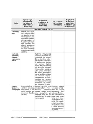 Πριν τον μηχα-                                                              Έως 06/2011
                                              Έως 06/2010
                 νισμό Στήριξης                                      Έως 12/2010 (Ν.         (Ν.3920/2011,
                                            (N.3845/2010, Ν.
   Πεδίο          (Ν. 3833/2010,                                      3871/2010 και          Ν.3979/2011,
                                             3847/2010 και
                 Ν.3844/2010 και                                      Ν.3899/2010)         Ν.3986/2011, Σχέ-
                                              Ν.3863/2010)
                   Ν.3846/2010)                                                            διο Νόμου ΣΕΠΕ)

                                   2. ΑΤΟΜΙΚΟ ΕΡΓΑΤΙΚΟ ΔΙΚΑΙΟ
Αυτοαπασχό-    Θέσπιση νέου «τεκμη-
ληση           ρίου» υπέρ της μισθω-
               τής εργασίας για περι-
               πτώσεις ψευδο-αυτοα-
               πασχόλησης (μπλοκά-
               κι), όπως κυρίως η επί
               9μηνο απασχόληση σε
               έναν εργοδότη κατά
               κύρια ή αποκλειστική
               απασχόληση, αλλά με
               το βάρος απόδειξης
               στην εργατική πλευρά
               (Ν. 3846).
Συμβάσεις                               Ορίζονται υποχρεωτικές
εργολαβίας                              αναφορές στο κείμενο της
εταιρειών                               προσφοράς του εργολά-
παροχής υπη-                            βου με σκοπό την ανάλη-
ρεσιών                                  ψη υπηρεσιών καθαρισμού
                                        ή φύλαξης στον δημόσιο
                                        και ευρύτερο δημόσιο
                                        τομέα. Ρητή και καθολική
                                        εις ολόκληρον και αλλη-
                                        λέγγυα ευθύνη θεσπίζεται
                                        μόνο μεταξύ εργολάβου
                                        και τυχόν υπεργολάβου
                                        και όχι μεταξύ εργολάβου
                                        και αποδέκτη υπηρεσι-
                                        ών-αναθέτοντα το έργο.
                                        Κυρώσεις και έκπτωση
                                        εργολάβου σε περίπτωση
                                        παραβίασης της εργατι-
                                        κής νομοθεσίας (Ν.3863).
Εταιρείες   Επαναρρυθμίζεται το         Εμπλοκή των ΕΠΑ στην        Η ανώτατη διάρκεια
Προσωρινής  καθεστώς ενοικίασης         επαναπροώθηση συγκε-        δανεισμού εργαζό-
Απασχόλησης εργαζομένων με ορι-         κριμένων      κατηγοριών    μενου από Εταιρεία
            σμένες επιπλέον προ-        ανέργων (ηλικίες 55-64)     Προσωρινής Απα-
            στατευτικές διατάξεις       στην απασχόληση με          σχόλησης διπλασιά-
            (Ν. 3846).                  επιδότησή τους από τον      ζεται -από 18 σε 36
                                        ΟΑΕΔ (Ν. 3845, βλ. επιδό-   μήνες- ενώ καταρ-
                                        τηση ανεργίας)              γείται και η δικαιο-
                                                                    λογητική βάση υπέρ-
                                                                    βασης του 12μήνου,
                                                                    δηλαδή η αναπλήρω-
                                                                    ση εργαζομένου που
                                                                    η σχέση εργασίας
                                                                    του είναι σε αναστο-
                                                                    λή (Ν.3899).




INE/-                                2011                                                0
 