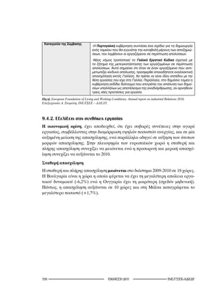 Καταγγελία της Σύμβασης
                                    -Η Πορτογαλική κυβέρνηση συντάσει ένα σχέδιο για τη δημιουργία
                                    ενός ταμείου που θα εγγυάται την καταβολή μέρους των αποζημιώ-
                                    σεων, που λαμβάνουν οι εργαζόμενοι σε περίπτωση απολύσεων.
                                    -Νέος νόμος τροποποιεί το Γαλλικό Εργατικό Κώδικα σχετικά με
                                    το ζήτημα της μετεγκατάστασης των εργαζομένων σε περίπτωση
                                    απολύσεων. Αυτό σημαίνει ότι όταν σε έναν εργαζόμενο που αντι-
                                    μετωπίζει κίνδυνο απόλυσης, προσφερθεί οποιαδήποτε εναλλακτική
                                    απασχόληση εκτός Γαλλίας, θα πρέπει να είναι ιδίου επιπέδου με την
                                    θέση εργασίας που είχε στη Γαλλία. Παράλληλα, στο δημόσιο τομέα η
                                    κυβέρνηση εκδίδει διάταγμα που επιτρέπει την απόλυση των δημο-
                                    σίων υπαλλήλων ως αποτέλεσμα της αναδιάρθρωσης, αν αρνηθούν
                                    τρεις νέες προτάσεις για εργασία.

Πηγή: European	Foundation	of	Living	and	Working	Conditions,	Annual	report	on	industrial	Relations	200,	
Επεξεργασία	Α.	Σταμάτη,	ΙΝΕ/ΓΣΕΕ	–	ΑΔΕΔΥ.



9.4.2. Εξελίξεις στις συνθήκες εργασίας
Η οικονομική κρίση, έχει αποδειχθεί, ότι έχει σοβαρές συνέπειες στην αγορά
εργασίας, συμβάλλοντας στην διαμόρφωση υψηλών ποσοστών ανεργίας, και σε μία
αυξημένη μείωση της απασχόλησης, ενώ παράλληλα οδηγεί σε αύξηση των άτυπων
μορφών απασχόλησης. Στην πλειοψηφία των ευρωπαϊκών χωρώ η σταθερή και
πλήρης απασχόληση συνεχίζει να μειώνεται ενώ η προσωρινή και μερική απασχό-
ληση συνεχίζει να αυξάνεται το 2010.
Σταθερή απασχόληση
Η σταθερή και πλήρης απασχόληση μειώνεται στο διάστημα 2009-2010 σε 18 χώρες.
Η Βουλγαρία είναι η χώρα η οποία φέρεται να έχει τη μεγαλύτερη απώλεια εργα-
τικού δυναμικού (-6,2%) ενώ η Ουγγαρία έχει τη μικρότερη (σχεδόν μηδενική).
Πάντως, η απασχόληση αυξάνεται σε 10 χώρες και στη Μάλτα καταγράφεται το
μεγαλύτερο ποσοστό (+1,7%).




0                                             2011                                 INE/-
 