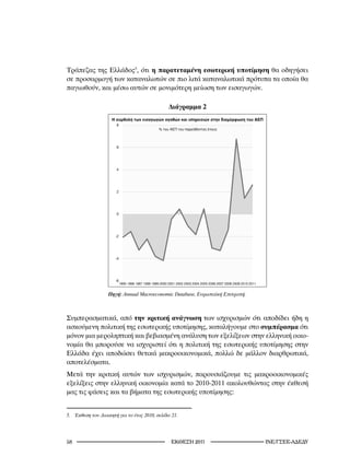 Τράπεζας της Ελλάδος5, ότι η παρατεταμένη εσωτερική υποτίμηση θα οδηγήσει
σε προσαρμογή των καταναλωτών σε πιο λιτά καταναλωτικά πρότυπα τα οποία θα
παγιωθούν, και μέσω αυτών σε μονιμότερη μείωση των εισαγωγών.

                                                         Διάγραμμα 2

                       8
                                                   %




                       6




                       4




                       2




                       0




                      -2




                      -4




                      -6
                           1995 1996 1997 1998 1999 2000 2001 2002 2003 2004 2005 2006 2007 2008 2009 2010 2011
                                 : Annual Macroeconomic Database,                   .
                   Πηγή:	Annual	Macroeconomic	Database,	Ευρωπαϊκή	Επιτροπή.



Συμπερασματικά, από την κριτική ανάγνωση των ισχυρισμών ότι αποδίδει ήδη η
ασκούμενη πολιτική της εσωτερικής υποτίμησης, καταλήγουμε στο συμπέρασμα ότι
μόνον μια μεροληπτική και βεβιασμένη ανάλυση των εξελίξεων στην ελληνική οικο-
νομία θα μπορούσε να ισχυριστεί ότι η πολιτική της εσωτερικής υποτίμησης στην
Ελλάδα έχει αποδώσει θετικά μακροοικονομικά, πολλώ δε μάλλον διαρθρωτικά,
αποτελέσματα.
Μετά την κριτική αυτών των ισχυρισμών, παρουσιάζουμε τις μακροοικονομικές
εξελίξεις στην ελληνική οικονομία κατά το 2010-2011 ακολουθώντας στην έκθεσή
μας τις φάσεις και τα βήματα της εσωτερικής υποτίμησης:


5.	 Έκθεση	του	Διοικητή	για	το	έτος	200,	σελίδα	2.




                                                         2011                                             INE/-
 