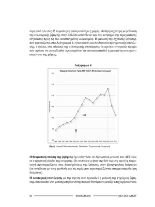 τερη από ό,τι στις 35 κυριότερες ανταγωνίστριες χώρες. Αυτή η ταχύτερη μεγέθυνση
της εσωτερικής ζήτησης στην Ελλάδα απετέλεσε και τον κινητήρα της πραγματικής
σύγκλισης προς τις πιο αναπτυγμένες οικονομίες. Η μείωση της σχετικής ζήτησης,
που εμφανίζεται στο Διάγραμμα 4, εγκαινίασε μια διαδικασία πραγματικής απόκλι-
σης, η οποία, στα πλαίσια της εσωτερικής υποτίμησης θεωρείται αναγκαίο τίμημα
που πρέπει να καταβληθεί προκειμένου να αποκατασταθεί η μειωμένη ανταγωνι-
στικότητα της χώρας.


                                                          Διάγραμμα 4
                                                                   2000          35
                         120




                         115




                         110
              2000=100




                         105




                         100




                         95




                         90
                               1995 1996 1997 1998 1999 2000 2001 2002 2003 2004 2005 2006 2007 2008 2009 2010 2011


                 Πηγή:	Annual	Macroeconomic	Database,	Ευρωπαϊκή	Επιτροπή.



Η θεαματική πτώση της ζήτησης έχει οδηγήσει σε δραματική μείωση του ΑΕΠ και
σε εκρηκτική άνοδο της ανεργίας. Οι επιπτώσεις ήταν σχεδόν άμεσες αφού η παρα-
γωγή προσαρμόζεται στις διακυμάνσεις της ζήτησης στην βραχυχρόνια διάρκεια
(σε αντίθεση με τους μισθούς και τις τιμές που προσαρμόζονται στη μεσοπρόθεσμη
διάρκεια).
Η εσωτερική υποτίμηση, με την ύφεση που προκαλεί η μείωση της εγχώριας ζήτη-
σης, αποσκοπεί στη μετατροπή του συσχετισμού δυνάμεων μεταξύ επιχειρήσεων και



0                                                           2011                                               INE/-
 