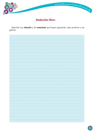 15
Redacción libre:
Describe una situación y las emociones que hayan aparecido, sean positivas o ne-
gativas:
 