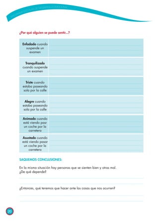 20
¿Por qué alguien se puede sentir...?
SAQUEMOS CONCLUSIONES:
En la misma situación hay personas que se sienten bien y otras mal.
¿De qué depende?
¿Entonces, qué tenemos que hacer ante las cosas que nos ocurren?
Enfadado cuando
suspende un
examen
Triste cuando
estaba paseando
sola por la calle
Animado cuando
está viendo pasr
un coche por la
carretera
Tranquilizado
cuando suspende
un examen
Alegre cuando
estaba paseando
sola por la calle
Asustado cuando
está viendo pasar
un coche por la
carretera
 