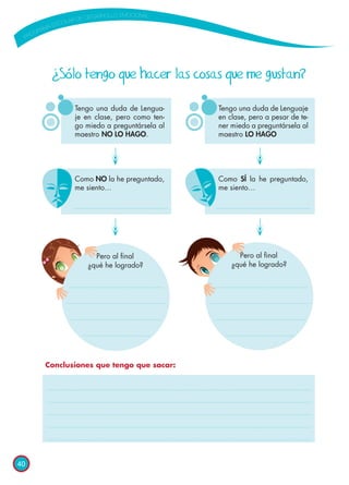 40
¿Sólo tengo que hacer las cosas que me gustan?
Pero al final
¿qué he logrado?
Pero al final
¿qué he logrado?
Tengo una duda de Lengua-
je en clase, pero como ten-
go miedo a preguntársela al
maestro NO LO HAGO.
Como NO la he preguntado,
me siento…
Tengo una duda de Lenguaje
en clase, pero a pesar de te-
ner miedo a preguntársela al
maestro LO HAGO
Como SÍ la he preguntado,
me siento…
Conclusiones que tengo que sacar:
 