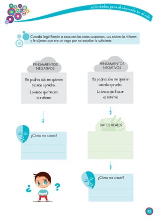 45
Cuando llegó Ramón a casa con las notas suspensas, sus padres lo ri-ñeron
y le dijeron que era un vago por no estudiar lo suficiente.
PENSAMIENTOS
NEGATIVOS
Mis padres sólo me quieren
cuando apruebo.
Lo único que hacen
es reñirme
Mis padres sólo me quieren
cuando apruebo.
Lo único que hacen
es reñirme
¿Cómo me siento?
¿Cómo me siento?
PENSAMIENTOS
NEGATIVOS
DATOS REALES
¿ ?
 
