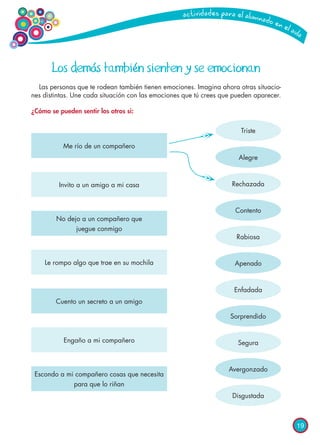 19
Los demás también sienten y se emocionan
Las personas que te rodean también tienen emociones. Imagina ahora otras situacio-
nes distintas. Une cada situación con las emociones que tú crees que pueden aparecer.
¿Cómo se pueden sentir los otros si:
Me río de un compañero
Triste
Alegre
Rechazada
Contento
Rabiosa
Apenado
Enfadada
Sorprendido
Segura
Avergonzado
Disgustada
No dejo a un compañero que
juegue conmigo
Engaño a mi compañero
Invito a un amigo a mi casa
Cuento un secreto a un amigo
Le rompo algo que trae en su mochila
Escondo a mi compañero cosas que necesita
para que lo riñan
 