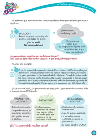 43
Ya sabemos que ante una misma situación podemos tener pensamientos positivos o
negativos.
¿Qué piensa Carla?, ¿su pensamiento es adecuado?, ¿está teniendo en cuenta toda
la información real? Veámoslo:
¿Los pensamientos negativos son verdaderos siempre?
Unas veces sí, pero otras muchas veces no. Y, por tanto, sufrimos por nada.
Veamos otro ejemplo:
SITUACIÓN:
Rompo sin querer un jarrón y mis
padres, enfadados me dicen:
¡Eres un inútil!
¡No haces nada bien!
Carla ha suspendido una evaluación de Conocimiento del Medio en el segun-
do trimestre. En los exámenes anteriores siempre había sacado muy buenas no-
tas; pero, para éste, no había estudiado lo suficiente. Cuando la profesora da
las notas, Carla se siente decepcionada. Según va pasando el tiempo, sigue
pensando en su nota y cree que suspenderá todos los exámenes siguientes de
Conocimiento del Medio. Piensa que es una asignatura muy difícil para ella.
¡Tienen razón,
todo lo hago mal!
¡Hago muchas
cosas bien!
Lo rompí por no fijarme bien.
La próxima vez voy a
tener más cuidado!
PENSAMIENTOS
NEGATIVOS
PENSAMIENTOS
REALISTASDATOS REALES
	Estoy decepcionada.
	Suspenderé todos los
exámenes siguientes.
	Mis padres me van
a castigar.
	En los exámenes
anteriores he sacado
muy buenas notas.
	Me confié para este
examen y no he
estudiado lo suficiente.
	Hasta ahora he sacado
buenas notas.
	Sólo ha sido un suspenso.
	Si me esfuerzo más
no tendré problema la
próxima vez.
	Sí puedo aprobar CONO
¡Ya has aprendido muchas cosas!
 