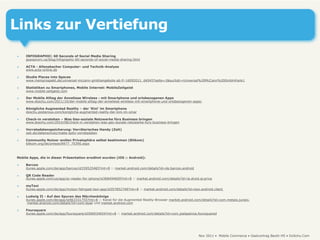 Links zur Vertiefung
๏    INFOGRAPHIC: 60 Seconds of Social Media Sharing
     gopopcorn.ca/blog/infographic-60-seconds-of-social-media-sharing.html

๏    ACTA - Allensbacher Computer- und Technik-Analyse
     www.acta-online.de

๏    Studie Places into Spaces
     www.meinprospekt.de/universal-mccann-gmbhangebote-ab-fr-16092011_66545?seite=1&suchstr=Universal%20McCann%20GmbH#ank1

๏    Statistiken zu Smartphones, Mobile Internet: MobileZeitgeist
     www.mobile-zeitgeist.com

๏    Der Mobile Alltag der Anneliese Wireless - mit Smartphone und ortsbezogenen Apps
     www.doschu.com/2011/10/der-mobile-alltag-der-anneliese-wireless-mit-smartphone-und-ortsbezogenen-apps/

๏    Königliche Augmented Reality – der ‘Kini’ im Smartphone
     doschu.posterous.com/konigliche-augmented-reality-der-kini-im-smar

๏    Check-in verstehen – Was Geo-soziale Netzwerke fürs Business bringen
     www.doschu.com/2010/08/check-in-verstehen-was-geo-soziale-netzwerke-furs-business-bringen

๏    Vorratsdatenspeicherung: Verräterisches Handy (Zeit)
     zeit.de/datenschutz/malte-spitz-vorratsdaten

๏    Community Nutzer wollen Privatsphäre selbst bestimmen (Bitkom)
     bitkom.org/de/presse/8477_70390.aspx



Mobile Apps, die in dieser Präsentation erwähnt wurden (iOS :: Android):

๏    Barcoo
     itunes.apple.com/de/app/barcoo/id339525465?mt=8 :: market.android.com/details?id=de.barcoo.android

๏    QR Code Reader
     itunes.apple.com/us/app/qr-reader-for-iphone/id368494609?mt=8 :: market.android.com/details?id=la.droid.qr.priva

๏    myTaxi
     itunes.apple.com/de/app/mytaxi-fahrgast-taxi-app/id357852748?mt=8 :: market.android.com/details?id=taxi.android.client

๏    Ludwig II - Auf den Spuren des Märchenkönigs
     itunes.apple.com/de/app/id463331755?mt=8 :: Kanal für die Augmented Reality-Browser market.android.com/details?id=com.metaio.junaio,
      market.android.com/details?id=com.layar und market.android.com

๏    Foursquare
     itunes.apple.com/de/app/foursquare/id306934924?mt=8 :: market.android.com/details?id=com.joelapenna.foursquared




                                                                                                             Nov 2011 • Mobile Commerce • Gastvortrag Beuth HS • DoSchu.Com
 