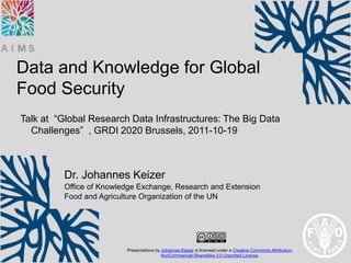 Presentations by Johannes Keizer is licensed under a Creative Commons Attribution-
NonCommercial-ShareAlike 3.0 Unported License.
Dr. Johannes Keizer
Office of Knowledge Exchange, Research and Extension
Food and Agriculture Organization of the UN
Data and Knowledge for Global
Food Security
Talk at “Global Research Data Infrastructures: The Big Data
Challenges” , GRDI 2020 Brussels, 2011-10-19
 