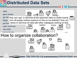 johannes keizerhttp://aims.fao.org
Distributed Data Sets
• stats
• gene banks
• gis data
• blogs,
• journals
• open archives
• raw data
• technologies
• learning objects
• ………..
How can I get in real time all the specimen data on useful insects
from all people making research on this on my desktop? How can
I share in real time my data with other colleagues working on that.
How to organize collaboration?
 