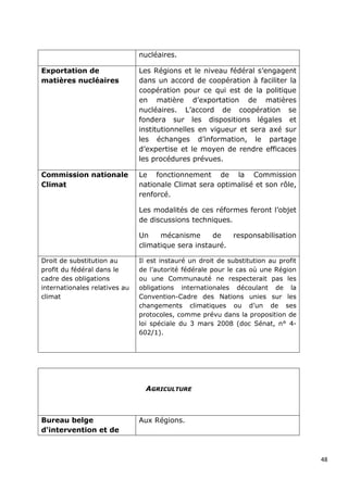 nucléaires.

Exportation de                 Les Régions et le niveau fédéral s’engagent
matières nucléaires            dans un accord de coopération à faciliter la
                               coopération pour ce qui est de la politique
                               en matière d’exportation de matières
                               nucléaires. L’accord de coopération se
                               fondera sur les dispositions légales et
                               institutionnelles en vigueur et sera axé sur
                               les échanges d’information, le partage
                               d’expertise et le moyen de rendre efficaces
                               les procédures prévues.

Commission nationale           Le fonctionnement de la Commission
Climat                         nationale Climat sera optimalisé et son rôle,
                               renforcé.

                               Les modalités de ces réformes feront l’objet
                               de discussions techniques.

                               Un    mécanisme      de   responsabilisation
                               climatique sera instauré.

Droit de substitution au       Il est instauré un droit de substitution au profit
profit du fédéral dans le      de l’autorité fédérale pour le cas où une Région
cadre des obligations          ou une Communauté ne respecterait pas les
internationales relatives au   obligations internationales découlant de la
climat                         Convention-Cadre des Nations unies sur les
                               changements climatiques ou d’un de ses
                               protocoles, comme prévu dans la proposition de
                               loi spéciale du 3 mars 2008 (doc Sénat, n° 4-
                               602/1).




                                 AGRICULTURE



Bureau belge                   Aux Régions.
d'intervention et de



                                                                                    48
 