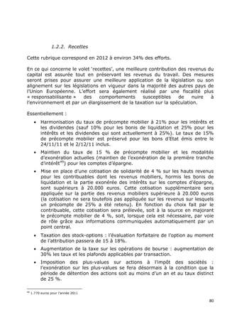 1.2.2. Recettes

Cette rubrique correspond en 2012 à environ 34% des efforts.

En ce qui concerne le volet ‘recettes’, une meilleure contribution des revenus du
capital est assurée tout en préservant les revenus du travail. Des mesures
seront prises pour assurer une meilleure application de la législation ou son
alignement sur les législations en vigueur dans la majorité des autres pays de
l’Union Européenne. L’effort sera également réalisé par une fiscalité plus
« responsabilisante »   des     comportements      susceptibles    de    nuire  à
l’environnement et par un élargissement de la taxation sur la spéculation.

Essentiellement :
      •    Harmonisation du taux de précompte mobilier à 21% pour les intérêts et
           les dividendes (sauf 10% pour les bonis de liquidation et 25% pour les
           intérêts et les dividendes qui sont actuellement à 25%). Le taux de 15%
           de précompte mobilier est préservé pour les bons d’Etat émis entre le
           24/11/11 et le 2/12/11 inclus.
      •    Maintien du taux de 15 % de précompte mobilier et les modalités
           d’exonération actuelles (maintien de l’exonération de la première tranche
           d’intérêt49) pour les comptes d’épargne.
       •   Mise en place d’une cotisation de solidarité de 4 % sur les hauts revenus
           pour les contribuables dont les revenus mobiliers, hormis les bonis de
           liquidation et la partie exonérée des intérêts sur les comptes d’épargne,
           sont supérieurs à 20.000 euros. Cette cotisation supplémentaire sera
           appliquée sur la partie des revenus mobiliers supérieure à 20.000 euros
           (la cotisation ne sera toutefois pas appliquée sur les revenus sur lesquels
           un précompte de 25% a été retenu). En fonction du choix fait par le
           contribuable, cette cotisation sera prélevée, soit à la source en majorant
           le précompte mobilier de 4 %, soit, lorsque cela est nécessaire, par voie
           de rôle grâce aux informations communiquées automatiquement par un
           point central.
      •    Taxation des stock-options : l’évaluation forfaitaire de l’option au moment
           de l’attribution passera de 15 à 18%.
      •    Augmentation de la taxe sur les opérations de bourse : augmentation de
           30% les taux et les plafonds applicables par transaction.
      •    Imposition des plus-values sur actions à l’impôt des sociétés :
           l’exonération sur les plus-values se fera désormais à la condition que la
           période de détention des actions soit au moins d’un an et au taux distinct
           de 25 %.

49
     1.770 euros pour l’année 2011

                                                                                    80
 
