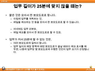 교육자료


        업무 길이가 25분에 맞지 않을 때는?

  • 짧은 것은 모아서 한 뽀모도로로 합니다.
       – 아침에 업무를 계획하는 것,
       – 메일을 체크하는 것 등을 모아서 한 뽀모도로로 할 수 있습니다.

       – 저녁에도 업무 리뷰와,
       – 메일 체크를 모아서 한 뽀모도로로 할 수 있죠.


  • 업무가 커서 25분에 할 수 없는 것은,
       – 여러 뽀모도로에 걸쳐서 합니다.
       – 업무 일지의 해당 항목에 매번 뽀모도로가 끝날 때마다 체크 표시를 해
         두면, 나중에 업무당 몇 뽀모도로에 수행한 것인지 업무 크기가 산정됩니
         다.




  음성설명이 있습니다. 소리를 켜고 들어 보세요.                  (주) 모비젠
 