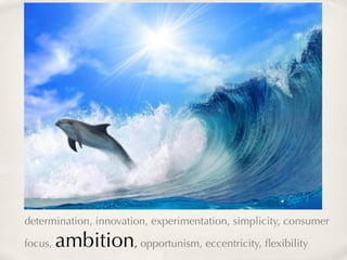determination, innovation, experimentation, simplicity, consumer

focus,   ambition, opportunism, eccentricity, ﬂexibility
 