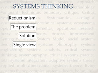 General Systems Theory, systems approach,
        SYSTEMS THINKING
systems dynamics, Soft Systems Methodology,
Vanguard Technique, boundary critique, Critical
     Reductionism
Systems Heuristics, Systemantics, ecological
systems theory, sociotechnical systems, ecosystems,
      The problem
open systems, cybernetics, operations research,
fuzzy systems theory, process improvement,
            Solution
Syntegrity, Viable System Model, social systems
theory, Single view systems philosophy, systems
          systemics,
engineering, systems analysis, critical systems
thinking, systemography, critical systems practice,
total systems integration, adaptive systems theory,
applied multi-dimensional systems theory, living
systems theory, complex systems theory, holon, link
 