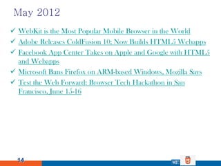 May 2012
 WebKit is the Most Popular Mobile Browser in the World
 Adobe Releases ColdFusion 10; Now Builds HTML5 Webapps...